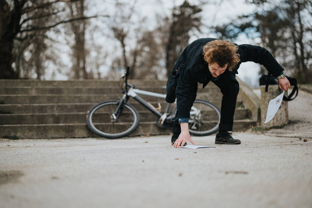 Egy fiatal üzlettárs a szabadban biciklivel, lehajol, hogy felvegye a papírokat a földről.. - Fotó, kép