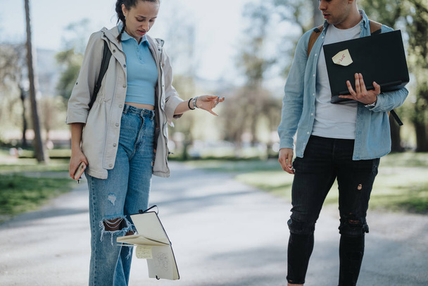 Deux jeunes étudiants ou amis avec un ordinateur portable discutant des notes tout en marchant dans un parc par une journée ensoleillée. - Photo, image