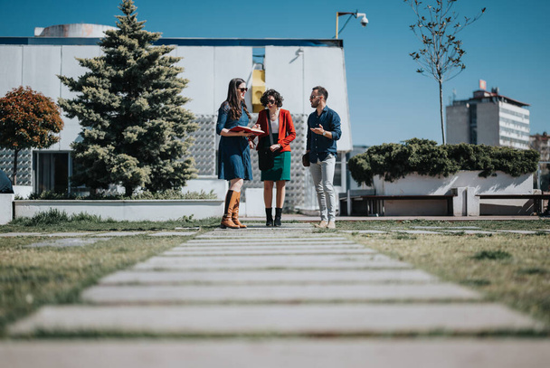 Tres profesionales de negocios participan en una reunión mientras están de pie al aire libre en un día soleado. - Foto, Imagen