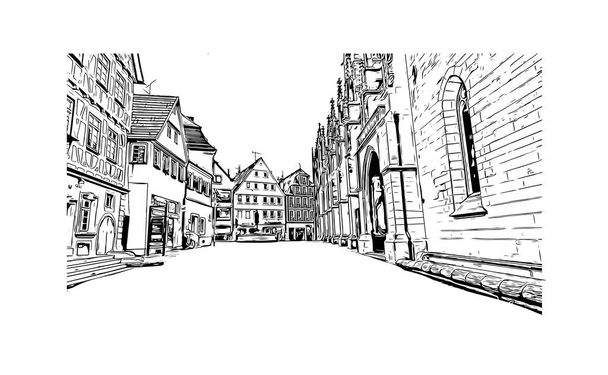 Print Gebouwenzicht met herkenningspunt Reutlingen is een stad in Duitsland. Handgetekende schets illustratie in vector. - Vector, afbeelding