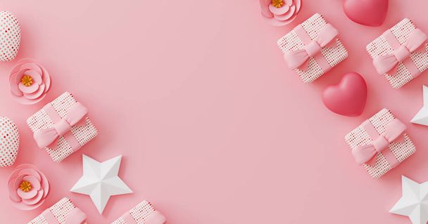 Un fondo rosa con una fila de cajas blancas y un corazón. para el día de la madre de diseño y el día de San Valentín. con espacio de copia - Foto, Imagen