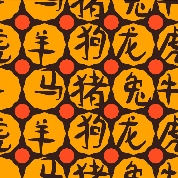 中国の黄道帯の印を意味する象形文字でシームレスな背景 - ベクター画像