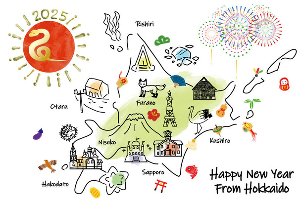 手描きのHOKKAIDO JAPAN観光名所マップと日本のラッキーチャームイラスト - 写真・画像