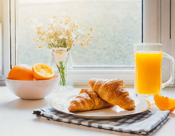 Na stole vedle sklenice pomerančového džusu je talíř s croissanty a pomerančovými plátky. - Fotografie, Obrázek