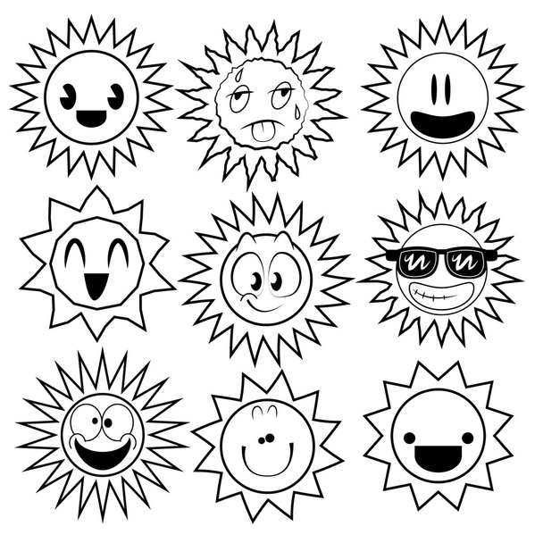 Dibujos animados de sol blanco y negro
 - Vector, Imagen