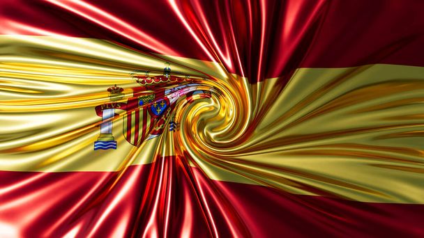 La bandera de España en un lujoso remolino, con el rico oro y el rojo con el escudo de armas nacional - Foto, imagen