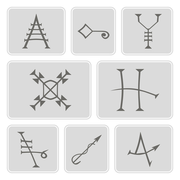 Conjunto de iconos monocromáticos con signos alquímicos medievales de Grimoire Magic Book para su diseño
 - Vector, imagen
