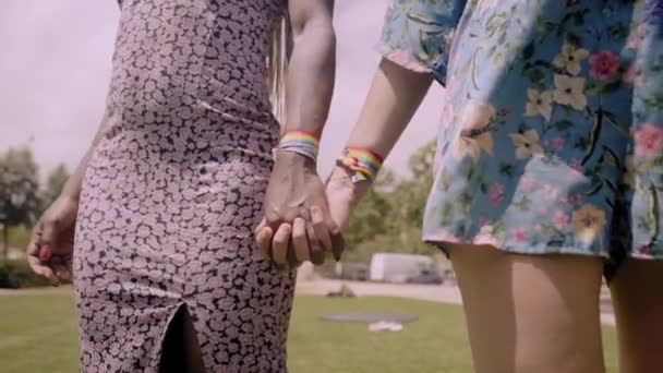 Nahaufnahme von hinten eines bis zur Unkenntlichkeit multirassischen lesbischen Paares, das Hand in Hand friedlich durch einen Park geht. Zwei junge Liebende mit Regenbogenflaggen-Armbändern. Homosexuelle Beziehungen. - Filmmaterial, Video