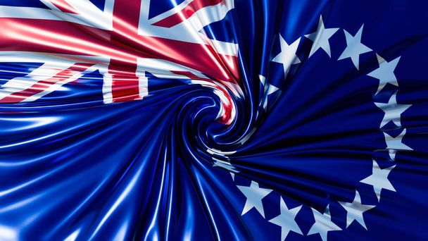Stilizált ábrázolása a Cook-szigetek zászló jellemző az örvénylő Union Jack és a csillagok egy mély kék háttér - Fotó, kép