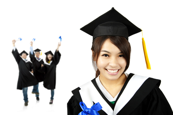 Joven sonriente graduado asiático chica y feliz estudiantes grupo
 - Foto, imagen