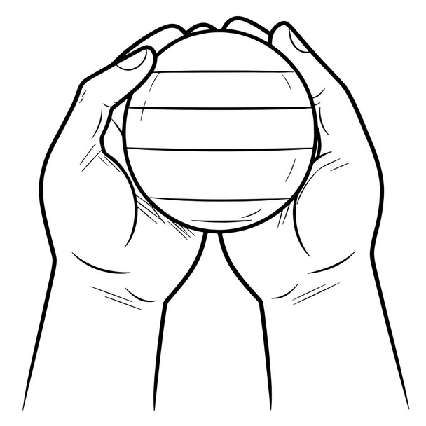 ボールアイコンを保持する手のミニマリストイラスト,運動グラフィックスに最適. - ベクター画像