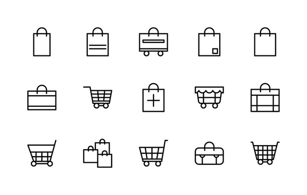 Shopping bag and basket vector linear icons set. Contains such icons as sales, shopping bag, package, purchases, cart and more. Isolated icon collection of bag and basket on white background. - Vector, Image
