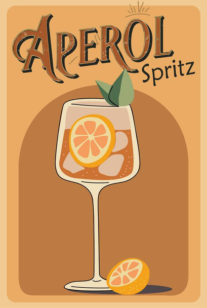 Aperol Spritz poster retrò classico Cocktail. Bevanda alcolica popolare. Illustrazione vettoriale piatta vintage per bar cart, pub, ristorante, stampa d'arte della parete della cucina. - Vettoriali, immagini