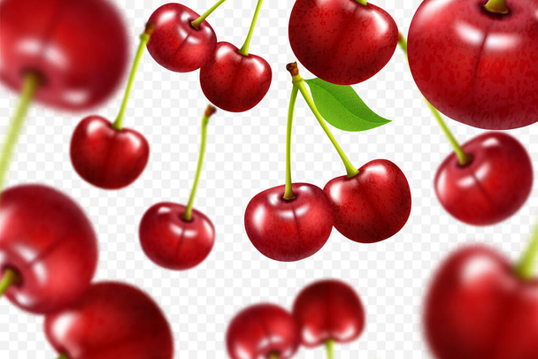 Flying red cherry background. Realistic 3d quality vector. Collection set of Cherries isolated on a white background - Διάνυσμα, εικόνα