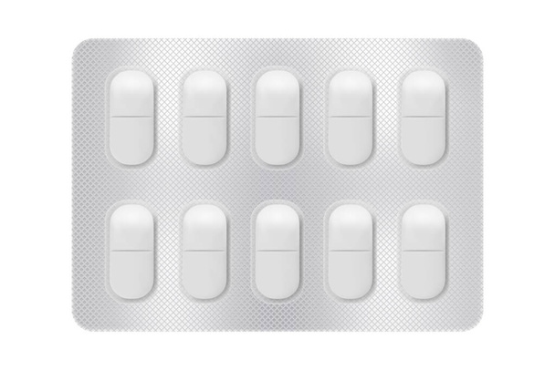 3D-Blister mit Pillen zur Behandlung von Krankheiten und Schmerzen. Medikamentenpaket für Tabletten: Vitamin, Antibiotika, Aspirin. realistische Attrappe von Verpackungen. Vektor-Illustrationen der Packung isoliert auf dem Hintergrund - Vektor, Bild