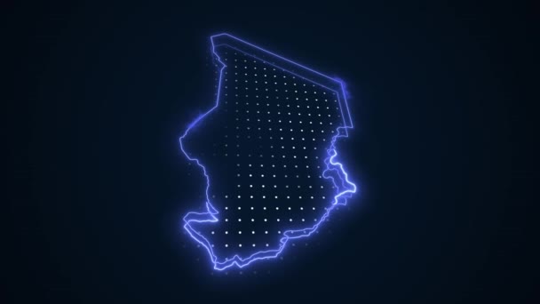 3D móvil neón azul Chad mapa fronteras contorno bucle fondo - Imágenes, Vídeo