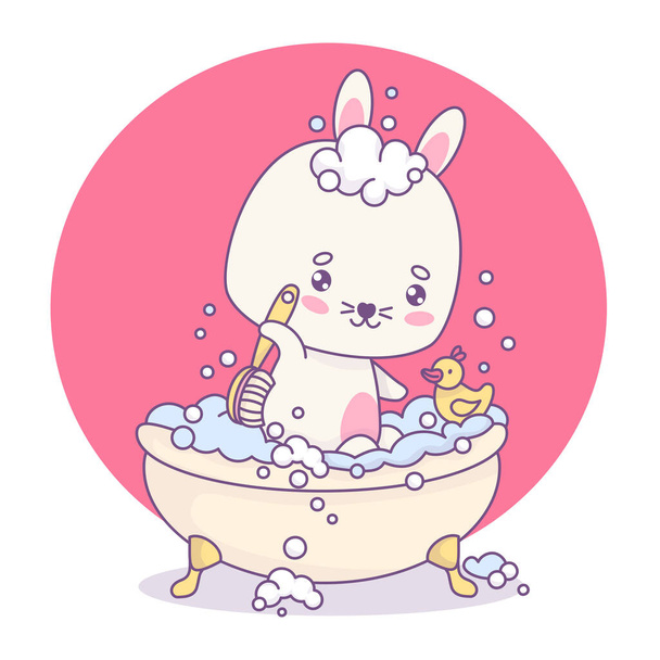 Lindo conejo en baño de burbujas lava su espalda con cepillo. Caprichoso relajado en el baño de dibujos animados personaje animal. Ilustración vectorial. Confort limpio y autocuidado - Vector, imagen