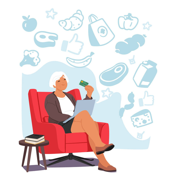 Elderly Woman Browses A Variety Of Groceries Online, Selecting Items For Her Shopping Cart From The Comfort Of Her Home. Old Character Uses Advanced Technologies. Cartoon People Vector Illustration - Vector, Image