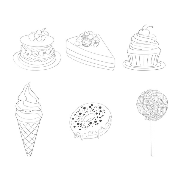 Eine detaillierte Zeichnung zeigt verschiedene Kuchen und Desserts, darunter Cupcakes, Kuchen, Torten, Gebäck und Kekse - Vektor, Bild