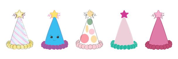 Una fila de coloridos sombreros de fiesta adornados con estrellas alineadas cuidadosamente en una exhibición festiva. Cada sombrero es vibrante y listo para la celebración - Vector, imagen