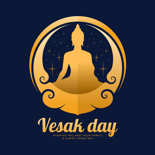 ベサクの日 - 円カーブフレームの黄金の仏陀瞑想とダークブルーの背景ベクトルデザインの周りの星の光 - ベクター画像