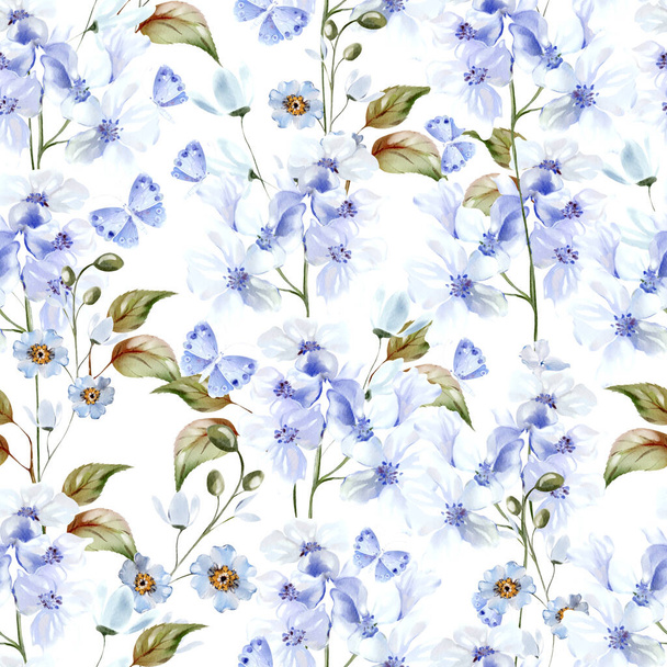 Υδατογραφία με μπλε λουλούδια, πεταλούδα και φύλλα. Εικονογράφηση - Φωτογραφία, εικόνα