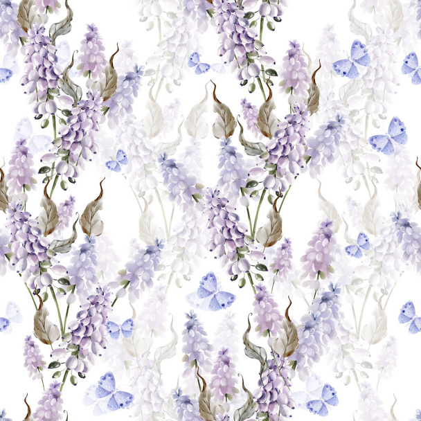 Υδατογραφία αδιάλειπτη μοτίβο με λουλούδια Muscari και πεταλούδα. Εικονογράφηση - Φωτογραφία, εικόνα