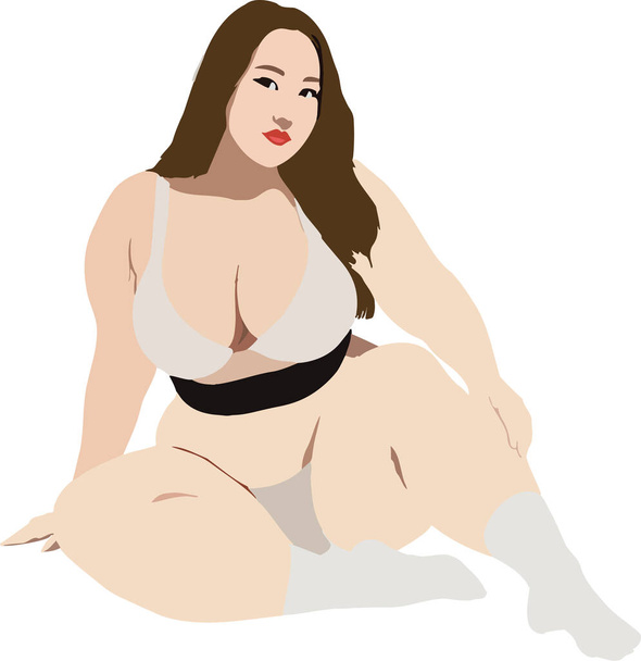 light-skinned plump woman in swimsuit sitting with legs crossed - Vector, Image