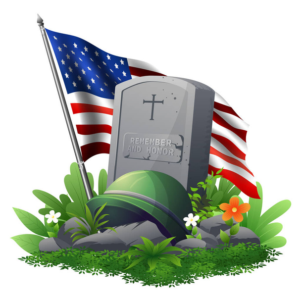Día de los Caídos o Día de los Veteranos Concepto, Entierro con lápidas e ilustración de la bandera de EE.UU. - Vector, imagen