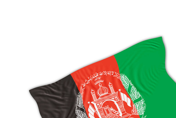Realista afganisztáni zászló redőkkel, fehér alapon elszigetelve. Lábléc, sarokelem. Tökéletes hazafias témákhoz vagy országos rendezvényekhez. Üres, másold a helyet. 3D renderelés - Fotó, kép