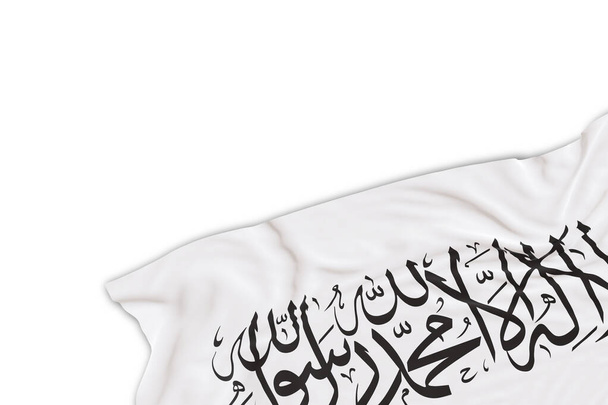 Realistinen talibanien lippu taittuu valkoisella pohjalla. Alatunniste, kulman suunnitteluelementti. Täydellinen isänmaallisiin teemoihin tai kansallisiin tapahtumapromootioihin. Tyhjä, kopioi tilaa. 3D-kuvaus - Valokuva, kuva