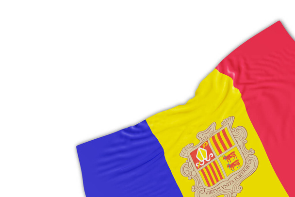 Reális zászló Andorra redők, elszigetelt fehér háttérrel. Lábléc, sarokelem. Tökéletes hazafias témákhoz vagy országos rendezvényekhez. Üres, másold a helyet. 3D renderelés - Fotó, kép