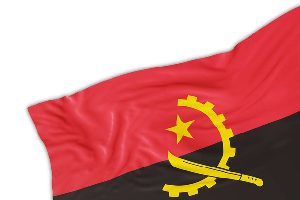 Реалістичний прапор Анголи зі складками, ізольований на білому тлі. Підвал, кутовий елемент дизайну. Ідеально підходить для патріотичних тем або національних акцій. Порожнє місце для копіювання. 3D візуалізація - Фото, зображення