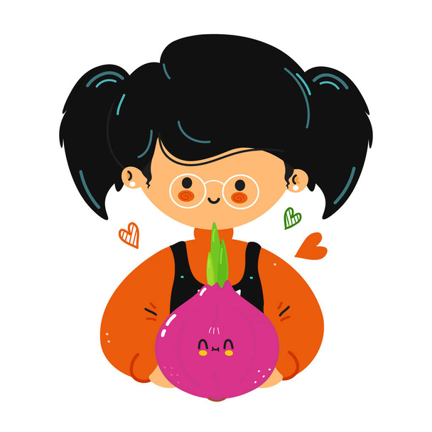 Genç sevimli kız kırmızı soğanı elinde tutuyor. Kız tatlı soğana sarılıyor. Vektör el çizimi karikatür karakter çizim simgesi tasarımı. Beyaz arkaplanda izole - Vektör, Görsel