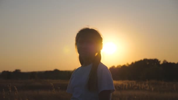 Porträt eines kleinen lächelnden Mädchens im Gras mit Sonnenuntergang im Hintergrund. Glückliches kleines Kind blickt in die Kamera, die auf der Sommerwiese steht. Nettes Kind genießt die Ruhe in der Natur. Konzept der Sorglosigkeit. Nahaufnahme. - Filmmaterial, Video