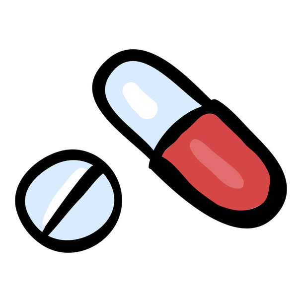 Píldora y cápsula de medicina - Icono de Doodle dibujado a mano - Vector, Imagen