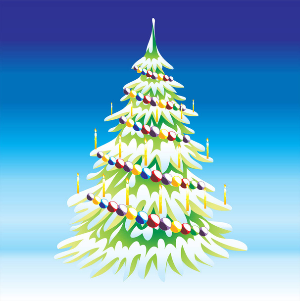 Karácsonyfa díszített ünnep ünnep, rajzfilm bunda fa koszorú és gyertya vektor illusztráció - Vektor, kép