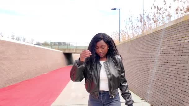 Questo video stock al rallentatore cattura una giovane donna africana fiduciosa che cammina attraverso un moderno tunnel urbano. Il suo abbigliamento casual ma elegante, accoppiato con un atteggiamento rilassato, mette in mostra un momento di urbano - Filmati, video