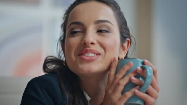 Office woman taking coffee break closeup. Professional businesswoman checking smartphone sms enjoying calm moment. Happy cheerful executive holding cup reading romantic message from boyfriend indoors - Footage, Video