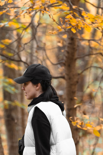 Porträt einer Frau mit Korb auf Pilzsuche im Herbstwald - Foto, Bild