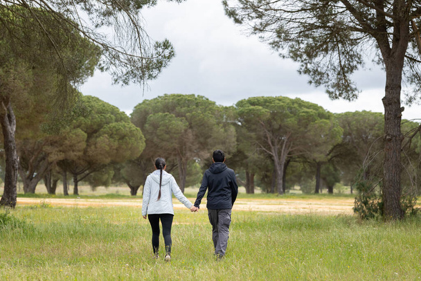 Ein Paar geht in einem Feld mit Bäumen im Hintergrund spazieren. Der Mann trägt eine schwarze Jacke und die Frau eine weiße Jacke - Foto, Bild