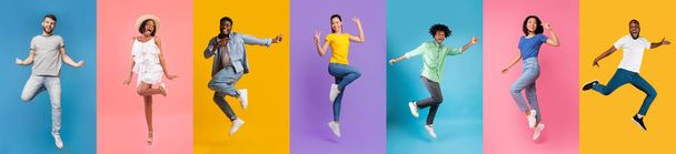 A series of six diverse individuals express happiness through dance, each set against a uniquely colored backdrop. - Photo, Image