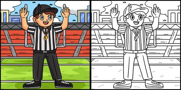 This coloring page shows an American Football Referee. One side of this illustration is colored and serves as an inspiration for children. - Vector, Image