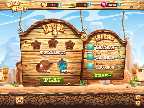 Example of window to pass the task level in game Wild West - Vector, Image