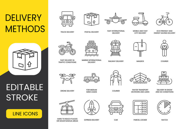 Types and methods of delivery line icons set with editable stroke, Scooter and Bicycle, Motorcycle and Pickup truck, Truck and Train, Airplane and Ship, Sled and Drone, Rocket and Cable car, Courie. - Vector, Image