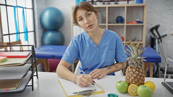 A young woman in scrubs writing at a desk in a physiotherapy clinic with exercise equipment. - Photo, Image