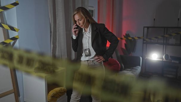 Ντετέκτιβ γυναίκα ερευνά μια σκηνή εγκλήματος σε ένα αμυδρά φωτισμένο εσωτερικό δωμάτιο, μιλώντας στο τηλέφωνο. - Φωτογραφία, εικόνα