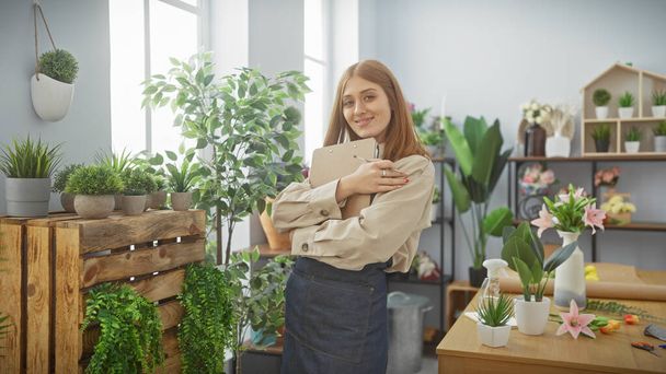 Eine junge Frau umarmt ein Klemmbrett in einem mit Pflanzen gefüllten Innenarbeitsraum und verkörpert Produktivität und natürliches Dekor. - Foto, Bild