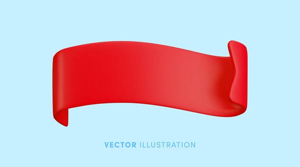 Vector Realistic 3D Red Ribbon auf blauem Hintergrund. Vintage-Design-Element, dekorativer, welliger Aufkleber. Cartoon 3d Ribbon Tag Illustration für Verkauf Banner, Preisschild, Anzeige, Spiel, App, Etikett. - Vektor, Bild
