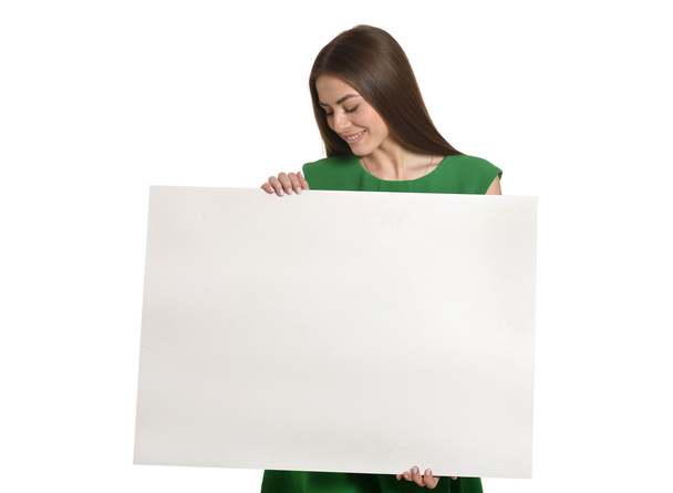 Beautiful woman and white signboard - Zdjęcie, obraz